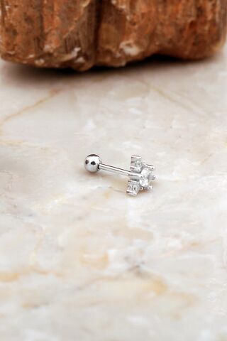 Üçgen Taşlı Rodyumlu Gümüş Tragus Küpe 7080