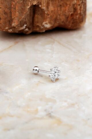 Çiçek Rodyumlu Gümüş Tragus Küpe 7081