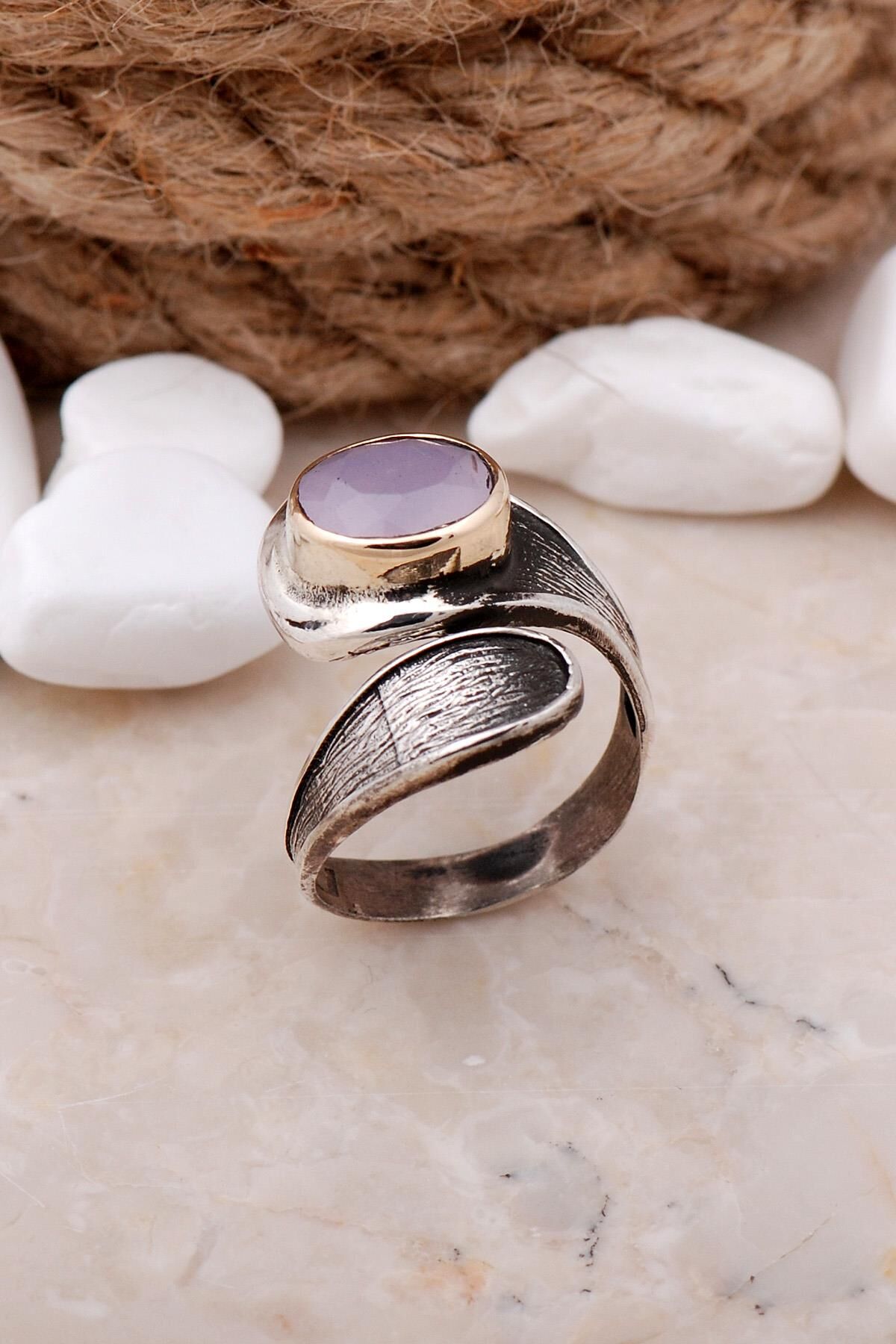 Pembe Kuvars Taşlı Damla Elişi Gümüş Yüzük 3315