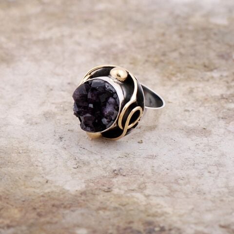 Ametist Taşlı Elişi Tasarım Gümüş Yüzük 2132