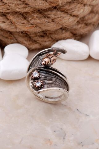 Çekiç Dövme Kuşlu Tasarım Elişi Gümüş Yüzük 3317