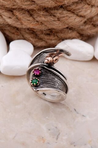 Çekiç Dövme Kuşlu Tasarım Elişi Gümüş Yüzük 3318