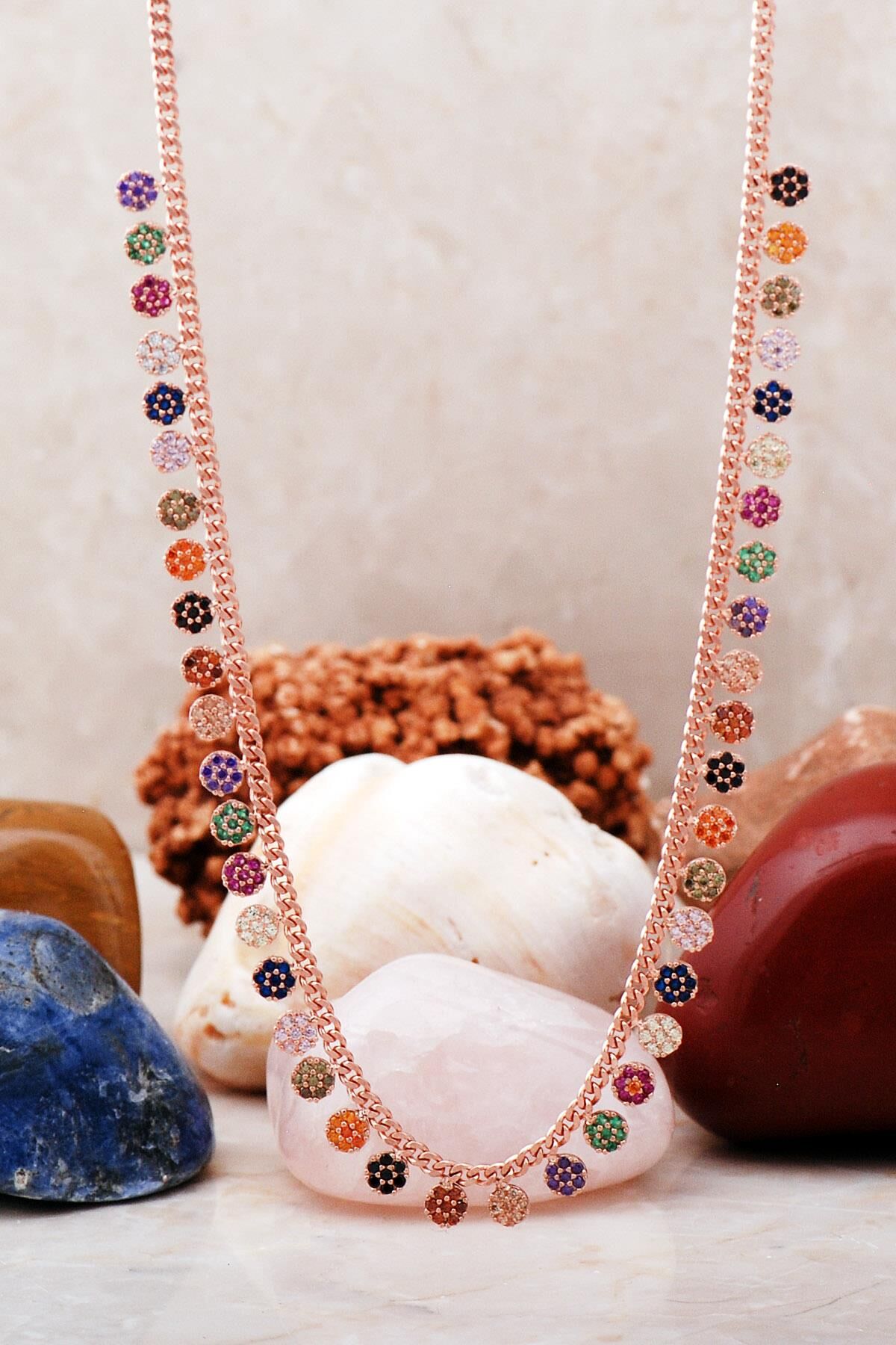 Mix Taşlı Rose Gümüş Choker Kolye 7221