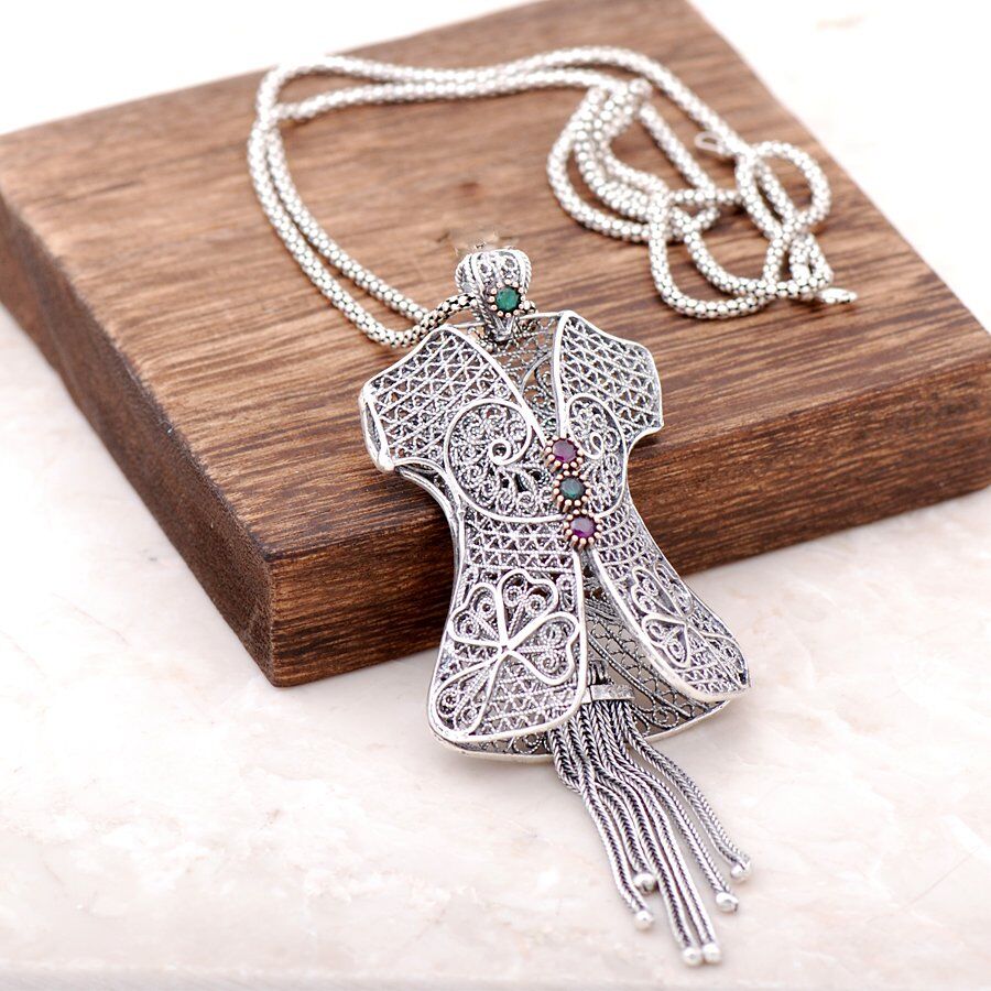 Telkari İşlemeli Özel Tasarım Kaftan Gümüş Kolye 3858