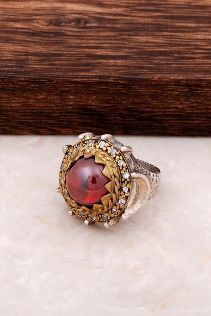 Lal ve Zirkon Taşlı Otantik Gümüş Yüzük 226