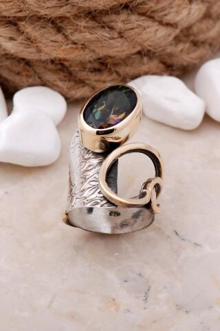 Mistik Topaz Taşlı Çekiç Dövme Elişi Gümüş Yüzük 3319