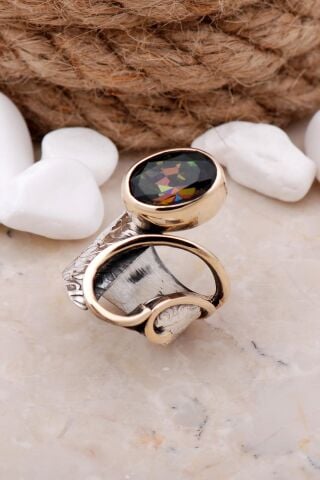 Mistik Topaz Taşlı Çekiç Dövme Elişi Gümüş Yüzük 3319