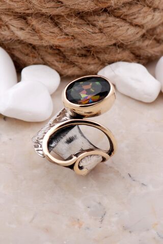 Mistik Topaz Taşlı Çekiç Dövme Elişi Gümüş Yüzük 3319