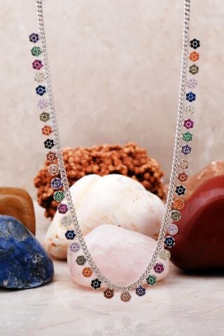 Mix Taşlı Rodyumlu Gümüş Choker Kolye 7222
