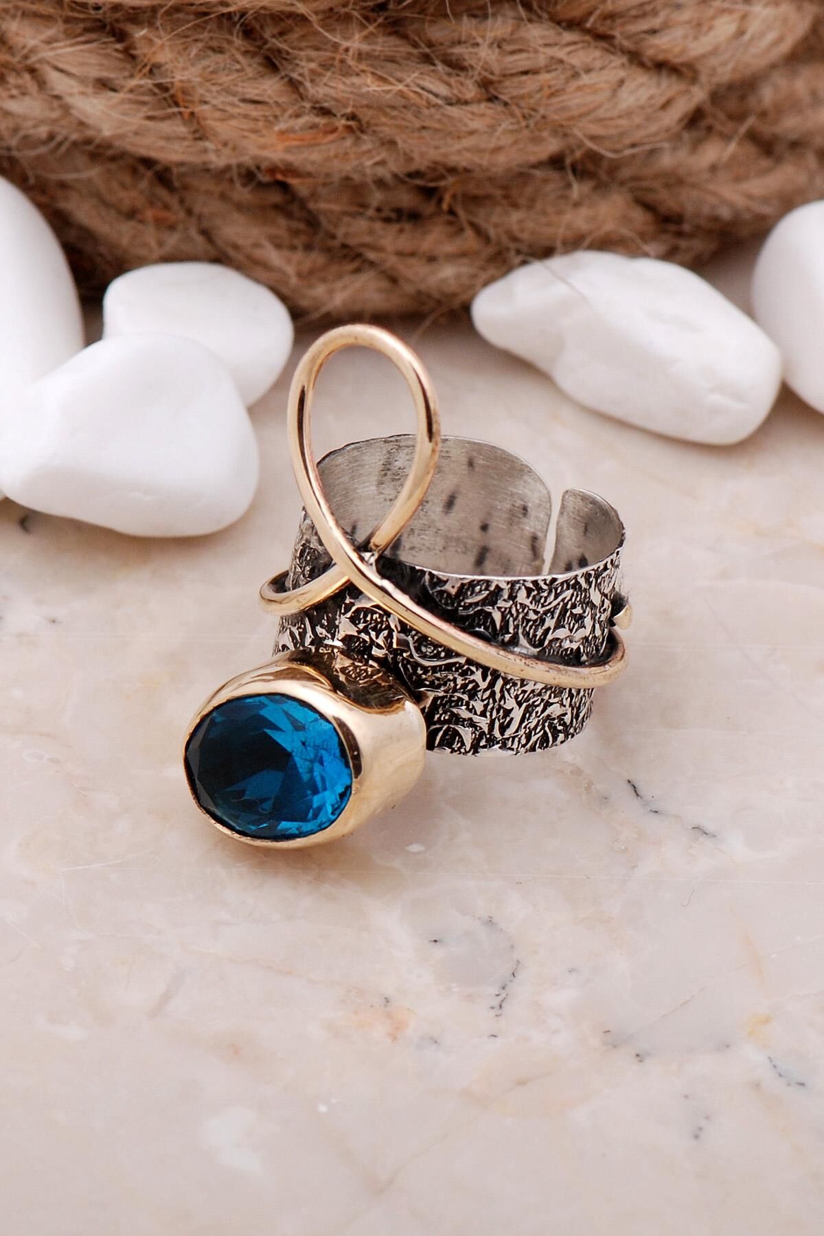 Akuamarin Taşlı Çekiç Dövme Elişi Gümüş Yüüzk 3320