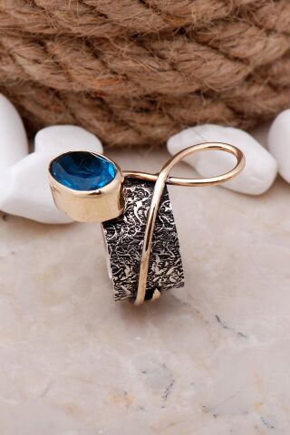 Akuamarin Taşlı Çekiç Dövme Elişi Gümüş Yüüzk 3320