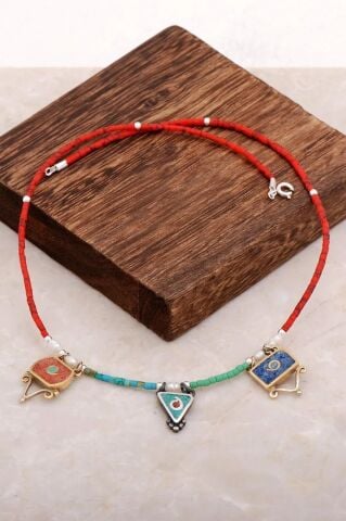 Doğal Taşlı Mozaik İşlemeli Gümüş Kolye 6527