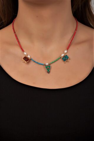 Doğal Taşlı Mozaik İşlemeli Gümüş Kolye 6527