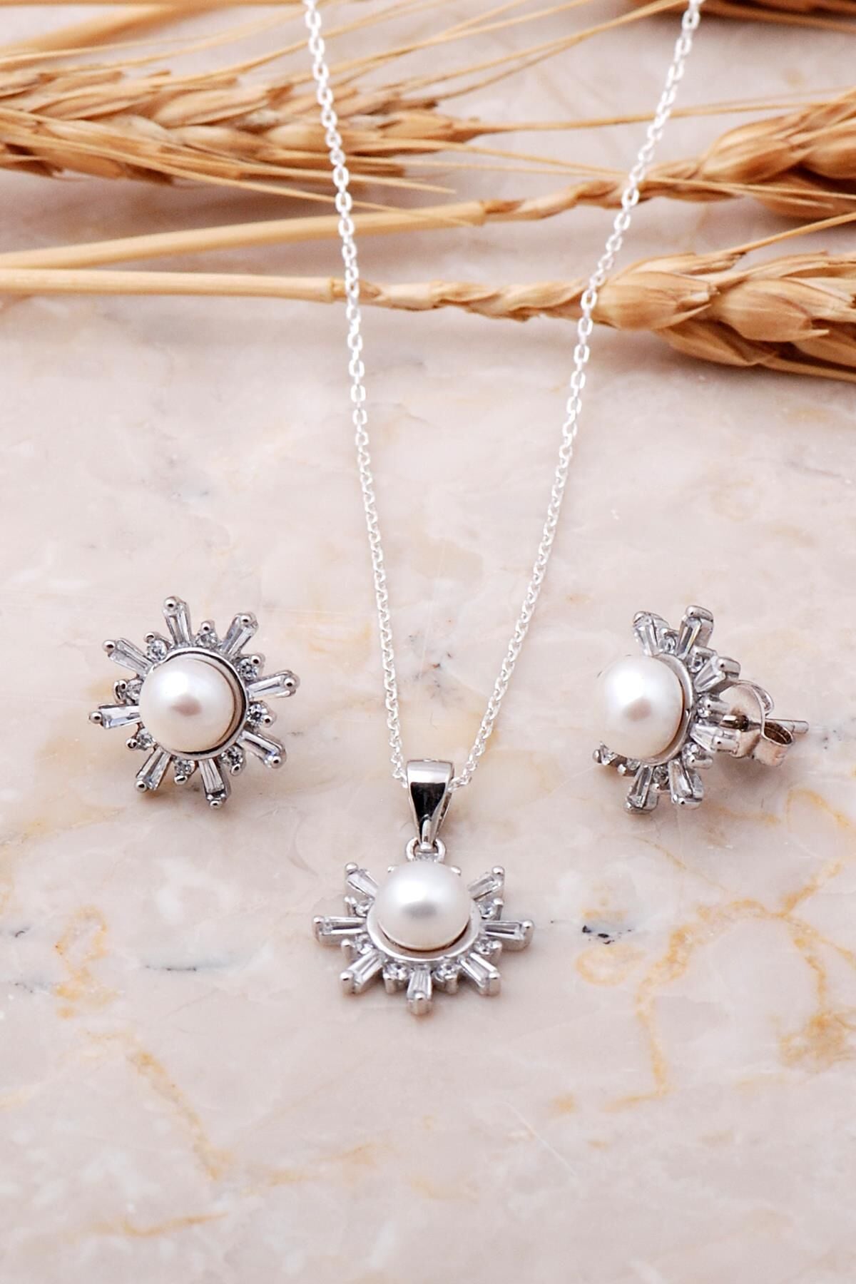 İnci Taşlı Tasarım Baget  Gümüş Set 1815