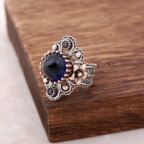 Safir Taşlı Telkari İşlemeli Gümüş Yüzük 2475