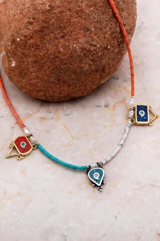 Doğal Taşlı Mozaik İşlemeli Gümüş Kolye 6528