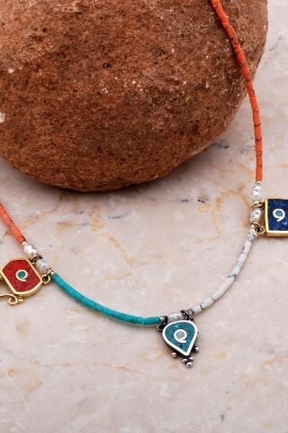 Doğal Taşlı Mozaik İşlemeli Gümüş Kolye 6528