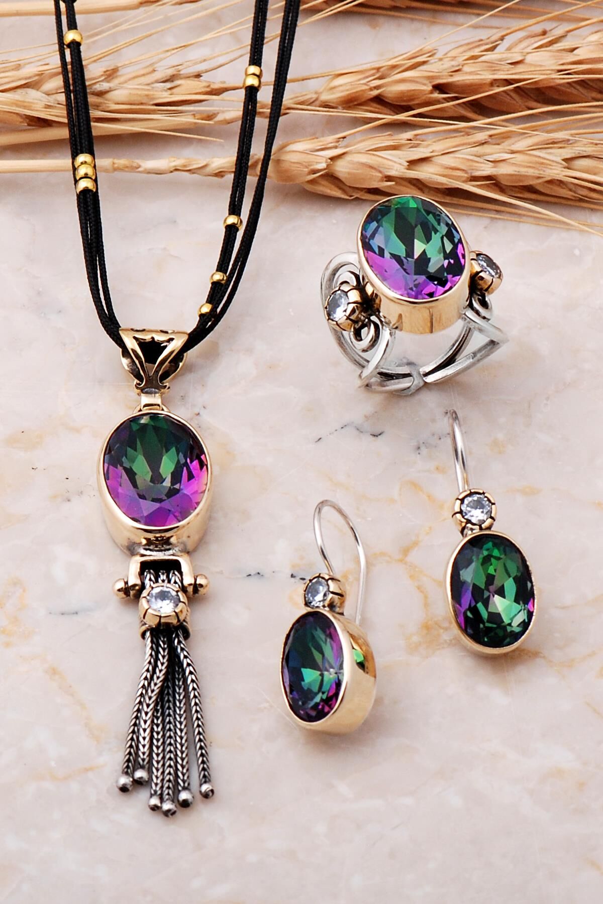 Mistik Topaz Taşlı El Yapımı Tasarım Gümüş Set 1723