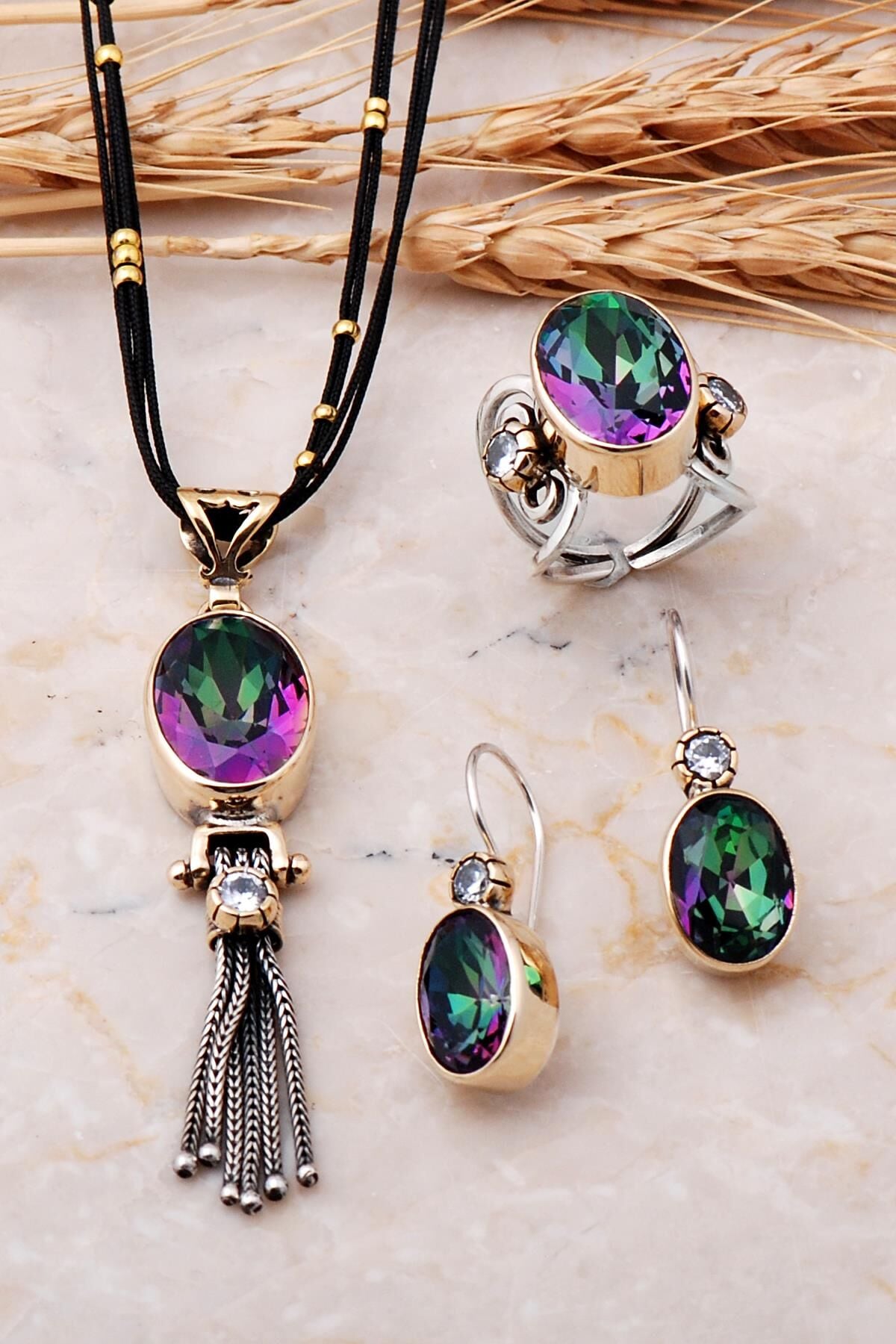 Mistik Topaz Taşlı El Yapımı Tasarım Gümüş Set 1723