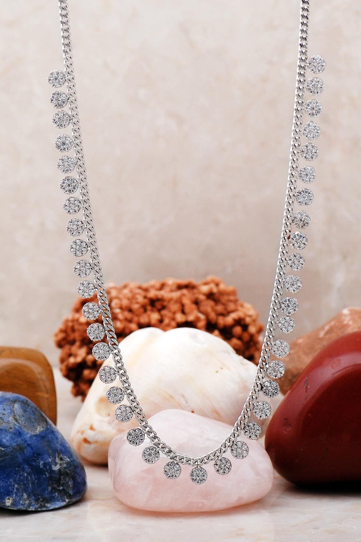 Taşlı Rodyumlu Gümüş Choker Kolye 7225