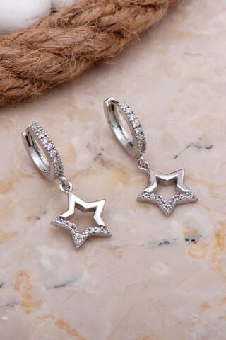 Yıldız Rodyumlu Gümüş Sallantılı Halka Küpe 5899