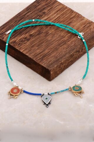 Doğal Taşlı Mozaik İşlemeli Gümüş Kolye 6529