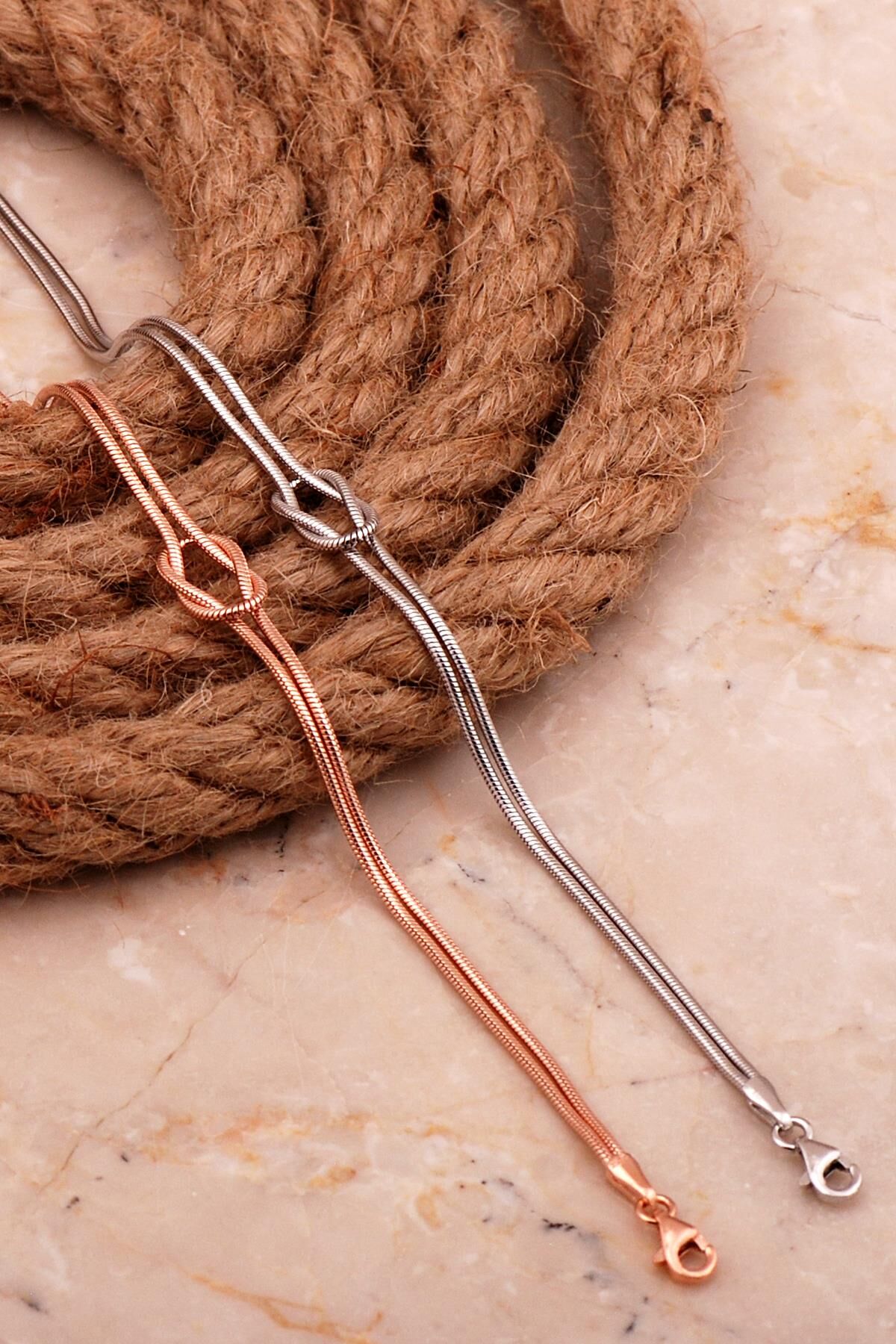 Düğüm Rose ve Rodyum Kaplama Gümüş Çift Bileklik 4443