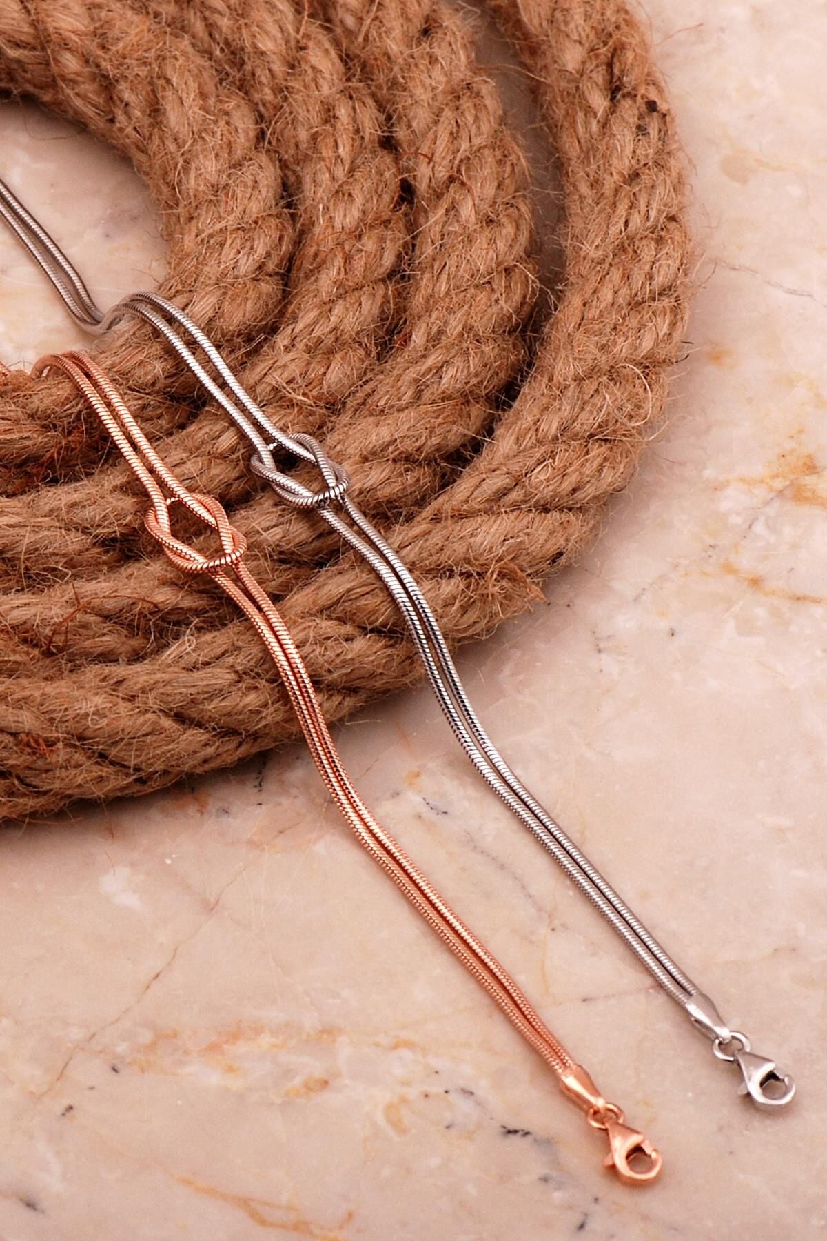 Düğüm Rose ve Rodyum Kaplama Gümüş Çift Bileklik 4443