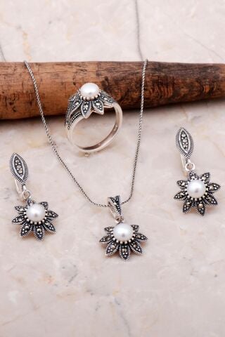 İnci Taşlı Markazit Lotus Çiçeği Gümüş Set 2121