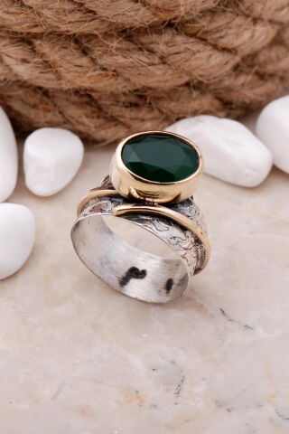 Kök Zümrüt Taşlı Çekiç Dövme Elişi Gümüş Yüüzk 3321