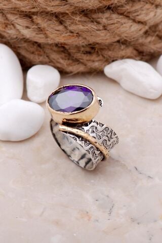 Ametist Taşlı Çekiç Dövme Elişi Gümüş Yüzük 3321