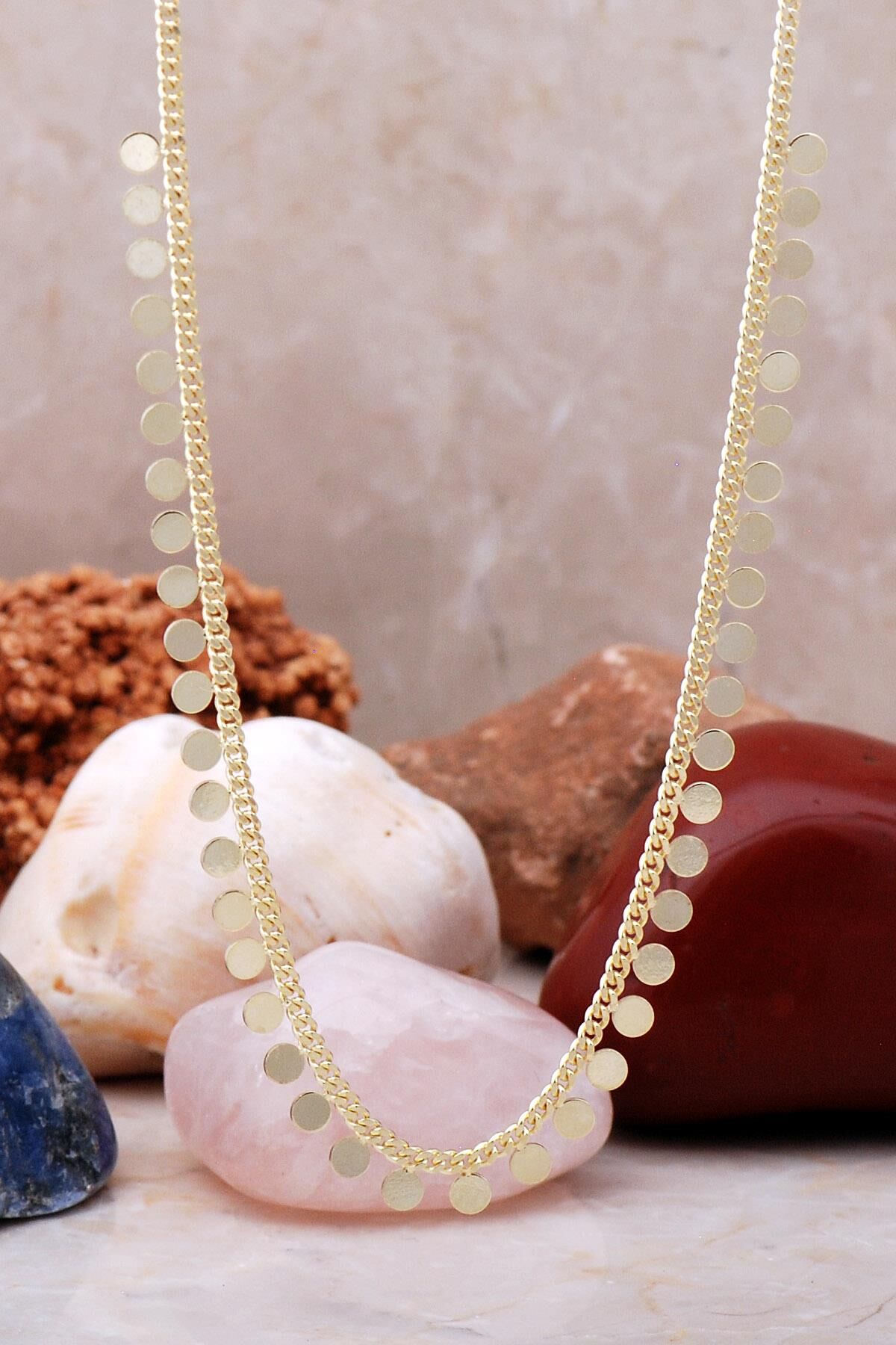 Pullu Altın Yaldızlı Gümüş Choker Kolye 7228