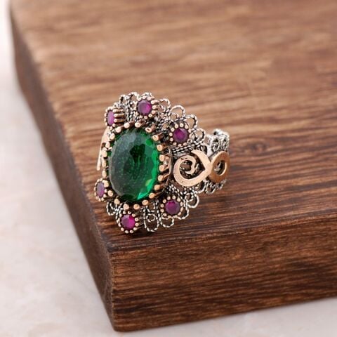 Yeşim Taşlı Telkari İşlemeli Gümüş Yüzük 2477