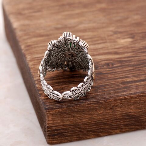 Yeşim Taşlı Telkari İşlemeli Gümüş Yüzük 2477