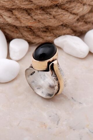 Oniks Taşlı Çekiç Dövme Elişi Gümüş Yüzük 3322