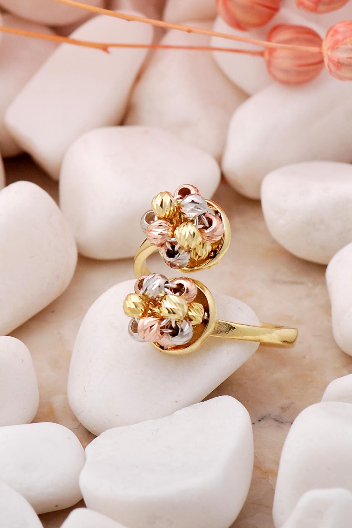 Dorika Çift Toplu Altın Yaldızlı 925 Ayar Gümüş Yüzük 3504