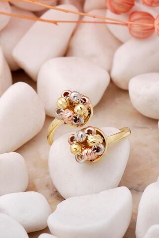 Dorika Çift Toplu Altın Yaldızlı 925 Ayar Gümüş Yüzük 3504