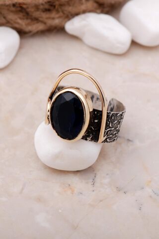 Safir Taşlı Çekiç Dövme Elişi Gümüş Yüzük 3323