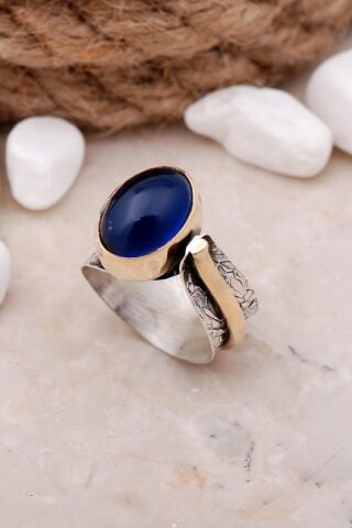 Kedi Gözü Taşlı Çekiç Dövme Elişi Gümüş Yüzük 3322