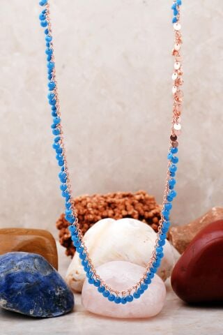 Pullu Turkuaz Taşlı Rose Gümüş Kolye 7231