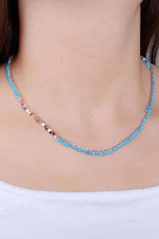 Pullu Turkuaz Taşlı Rose Gümüş Kolye 7231