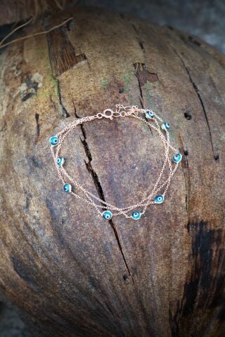 Rose Gümüş Nazar Boncuklu Üç Sıralı Tasarım Bileklik 2000