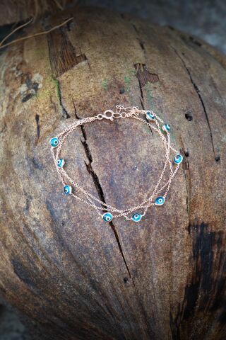 Rose Gümüş Nazar Boncuklu Üç Sıralı Tasarım Bileklik 2000