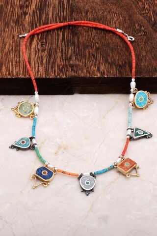 Doğal Taşlı Mozaik İşlemeli Tasarım Gümüş Kolye 6535