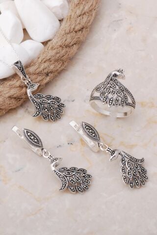 Markazit Taşlı Tavus Kuşu Tasarımlı Gümüş Set 2126