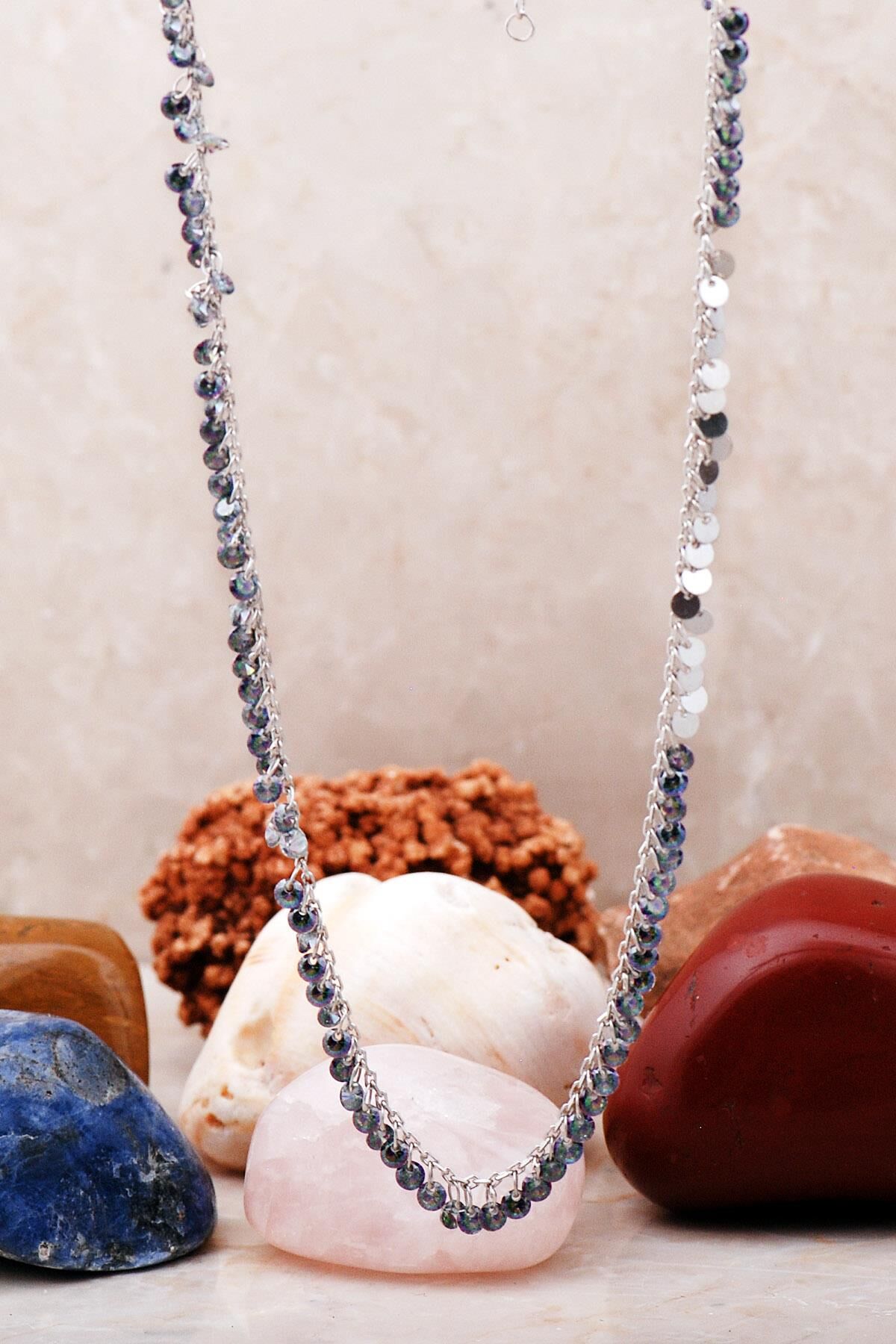 Pullu Mistik Topaz Taşlı Rodyumlu Gümüş Kolye 7232