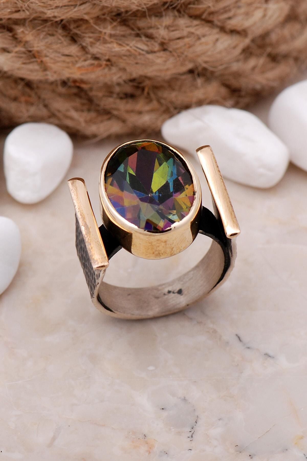 Mistik Topaz Taşlı Çekiç dövme Elişi Gümüş Yüzük 3325