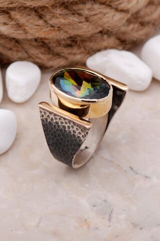 Mistik Topaz Taşlı Çekiç dövme Elişi Gümüş Yüzük 3325