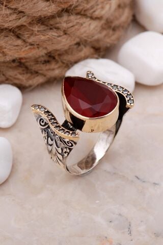 Kök Yakut Taşlı Damla Elişi Gümüş Yüzük 3326