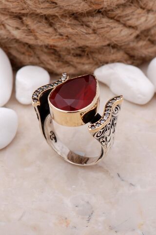 Kök Yakut Taşlı Damla Elişi Gümüş Yüzük 3326